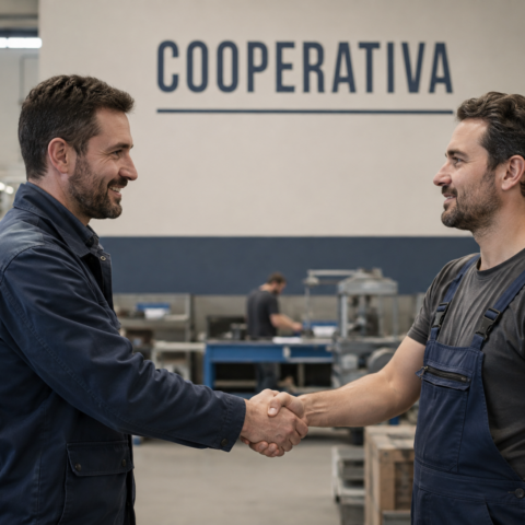 Due soci lavoratori si stringono la mano all’interno di una cooperativa industriale