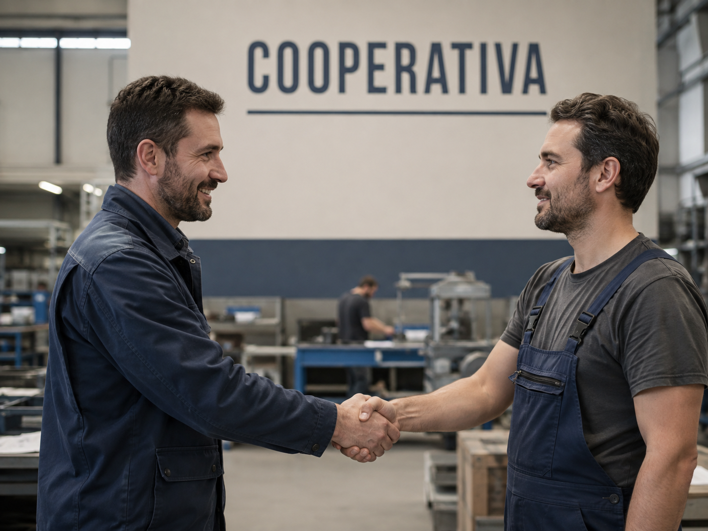 Due soci lavoratori si stringono la mano all’interno di una cooperativa industriale