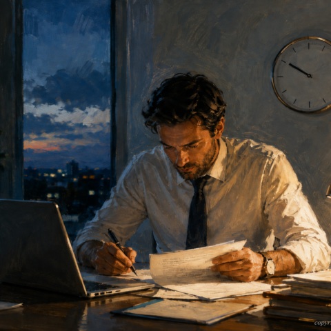 Lavoratore impegnato in ufficio oltre il normale orario di lavoro, con documenti, computer e orologio sullo sfondo.