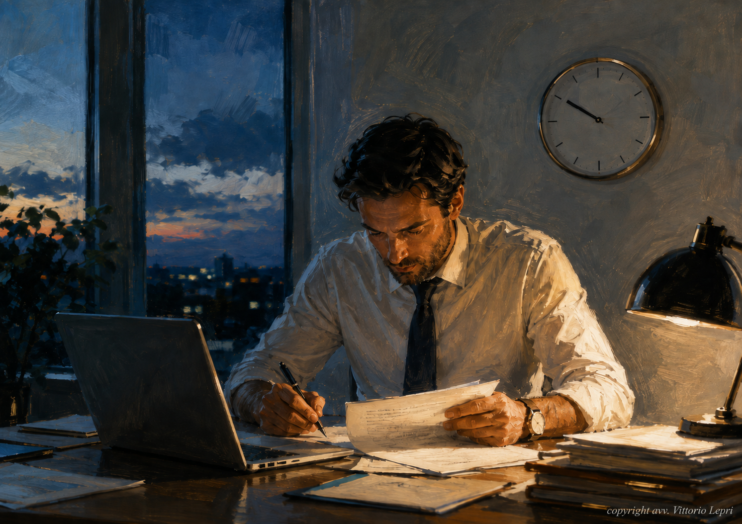 Lavoratore impegnato in ufficio oltre il normale orario di lavoro, con documenti, computer e orologio sullo sfondo.